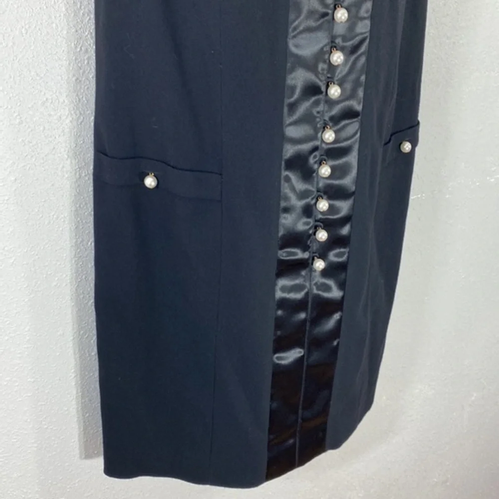 Edward Achour Paris Black Wool Silk Faux Pearl Button Shift Dress 14 W8